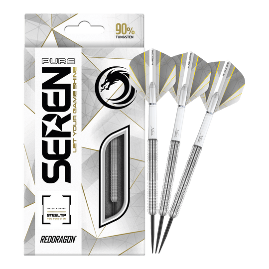 Red Dragon Seren 1 Czyste Steeldarts Auf dem Bild sind die Red Dragon Seren 1 Pure Steeldarts und ihre Verpackung zu sehen. Die Darts bestehen zu 90 % aus Tungsten und haben ein elegantes, silbernes Design.