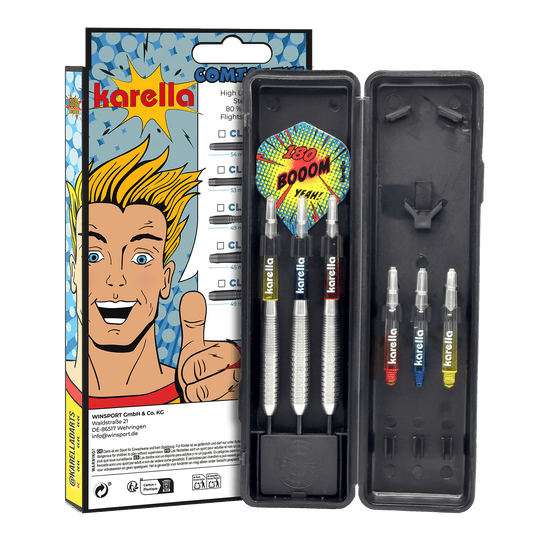 Karella Comic Line CL-4 stalowe lotki - 23g Abgebildet sind die Karella Comic Line CL-4 Steeldarts - 23g. Die Darts haben ein modernes Design und eine spezielle Gewichtsverteilung.