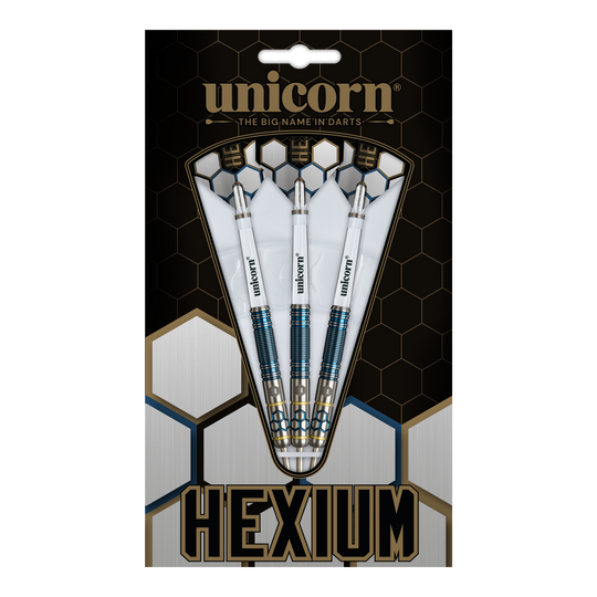 Unicorn Hexium Style 02 Niebieskie i złote Steeldarts Das Bild zeigt die Unicorn Hexium Style 02 Blue & Gold Steeldarts. Die Darts sind in Blau und Gold designt.