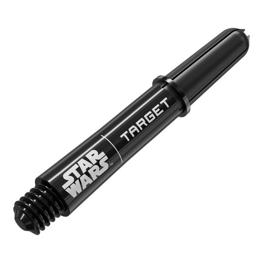 Das Bild zeigt das Produkt mit dem Dateinamen 380420_Target_StarWars_ProGrip_Shafts_Schwarz_Short_34mm_2. Es handelt sich wahrscheinlich um schwarze, kurze Dartshafts mit Star Wars-Design.