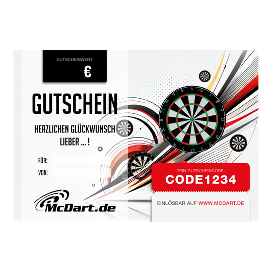 Voucher - Tarcze do darta Das Bild zeigt einen Geschenkgutschein für Dartboards von McDart.de. Auf dem Gutschein sind mehrere Dartboards sowie ein Gutscheincode abgebildet.