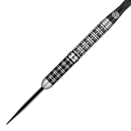 Strzelaj stalowymi rzutkami Niels Zonneveld V2 Das Bild zeigt einen Shot Niels Zonneveld V2 Steeldart. Der Dart hat ein silber-schwarzes, geriffeltes Design für besseren Halt.