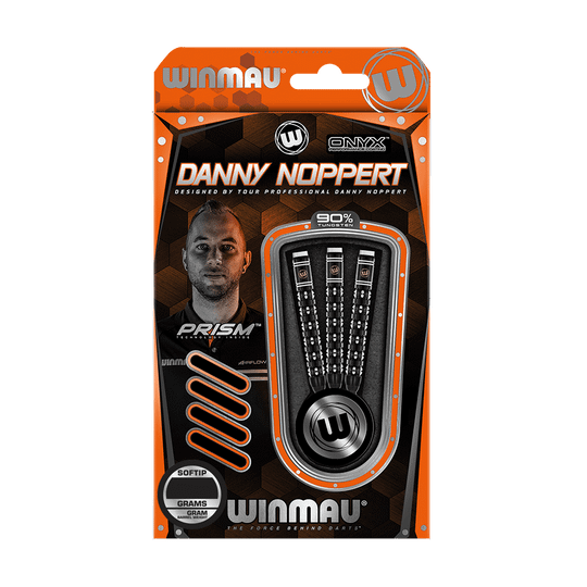 2459_Winmau_Danny_Noppert_Freeze_Edition_Softdarts_3 Auf dem Bild ist das Produkt „Winmau Danny Noppert Freeze Edition Softdarts - 20g“ zu sehen. Die Verpackung zeigt drei Darts mit schwarzem Design und das Porträt des Spielers Danny Noppert.