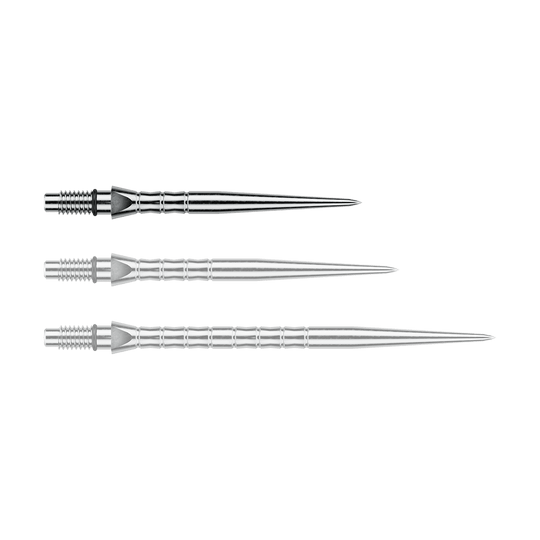 Das Foto zeigt Winmau Switch Point Wave Silver Effect Steeldartspitzen mit 26 mm. Die silberfarbenen Steeldartspitzen sind in der Nahaufnahme sichtbar.