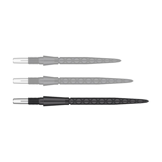 Końcówki do lotek Target Swiss Storm Diamond Point – czarne Auf dem Bild sind drei schwarze Dartspitzen mit diamantförmigem Muster zu sehen. Sie liegen parallel nebeneinander auf weißem Hintergrund.