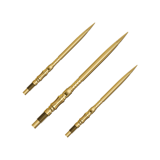 Końcówki do lotek Harrows Quick Point Axis Elite Series – złote Ein Set von mehreren goldfarbenen Dartspitzen liegt nebeneinander. Die Spitzen sind gut sortiert und übersichtlich angeordnet.