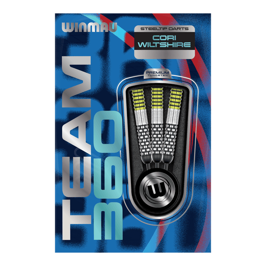 Lotki Winmau Team 360 Cori Wiltshire Steel Darts - 24g Gezeigt werden die Winmau Team 360 Cori Wiltshire Steeldarts, 24g schwer. Die Darts bieten hervorragende Kontrolle und Präzision beim Spielen.