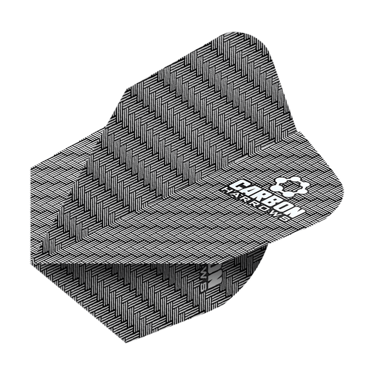 HR53_Harows_Carbon_No6_Flights_Weiss_2 Das Bild zeigt die Harrows Carbon Flights HR53 mit einem schwarz-weißen, gewebten Karbonmuster. Auf der Oberfläche steht in Weiß die Aufschrift "CARBON HARROWS".
