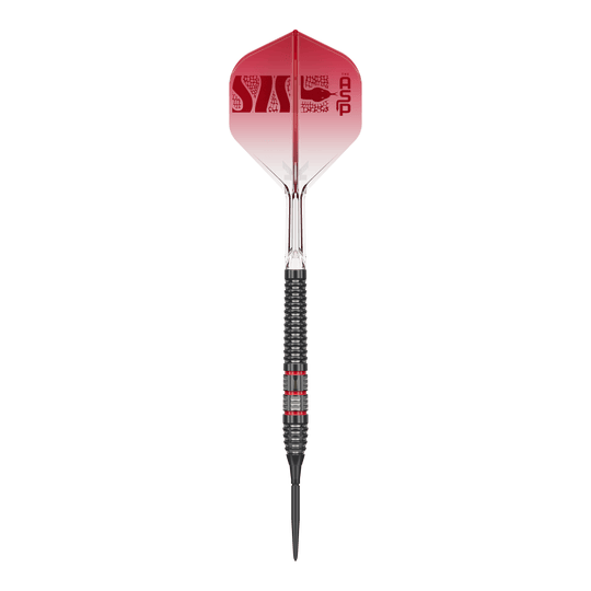 Foto von Target Nathan Aspinall 95K Swiss Point Steeldarts. Die Steeldarts sind aus einer bestimmten Perspektive zu sehen.