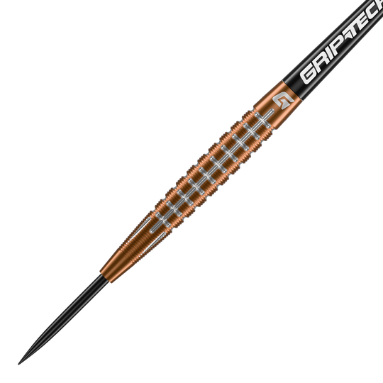 Lotki GOAT Quarterback V1 ze stali wolframowej Das Bild zeigt einen GOAT Quarterback V1 Tungsten Steeldart. Der Dart hat einen goldenen, geriffelten Schaft und eine schwarze Spitze.