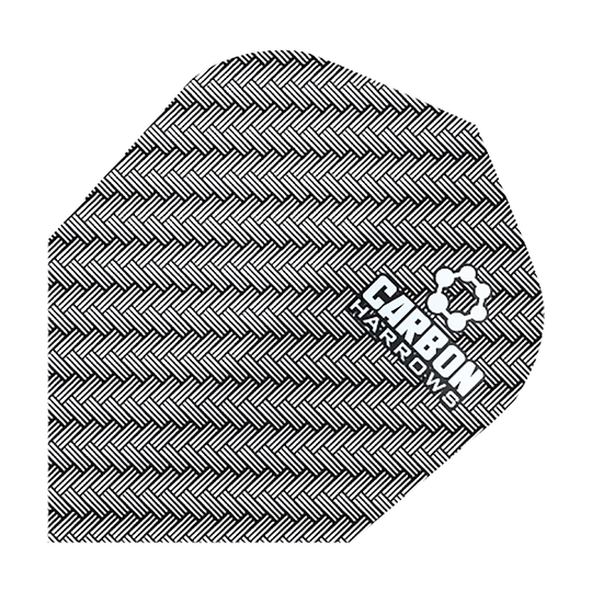 HR53_Harows_Carbon_No6_Flights_Weiss_1 Das Bild zeigt ein Harrows Carbon Flight HR53 für Dartpfeile. Das Flight hat ein schwarzes, gewebtes Karbonmuster und den weißen Aufdruck „CARBON HARROWS“.