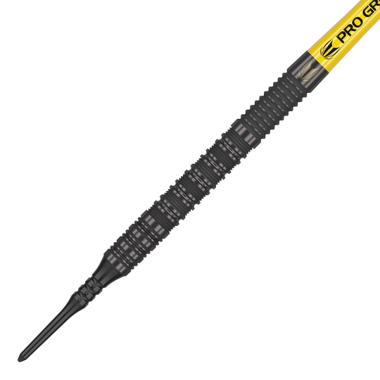 Target Bolide Void 10 miękkich rzutek Das Bild zeigt einen Target Bolide Void 10 Softdart mit einer schwarzen, strukturierten Spitze. Am oberen Ende ist ein gelber Schaft mit der Aufschrift "Pro Grip" zu sehen.