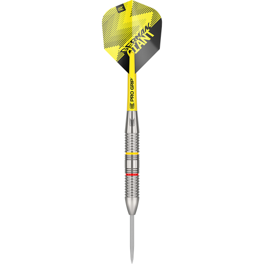 170005_Target_Gabriel_Clemens_Brass_Steeldarts_1BNpPg6TVQ9F3I Dies ist ein Target Gabriel Clemens Brass Steeldart mit 22 Gramm Gewicht. Der Dart hat gelbe und schwarze Designelemente sowie auffällige Grip-Ringe am Barrel.