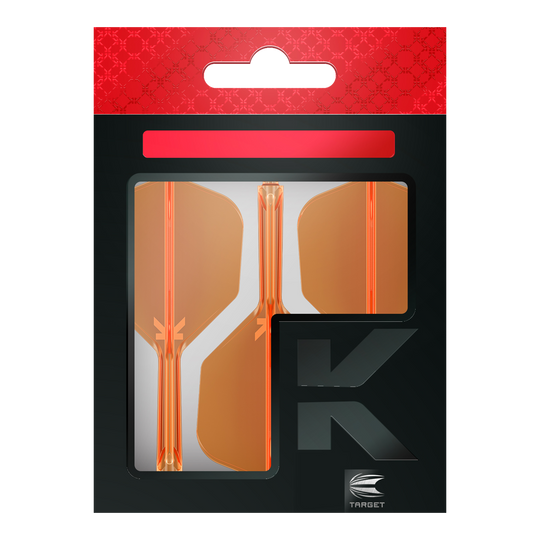 Die Verpackung zeigt drei neonorange Dart-Flights der Marke Target. Das Design ist modern mit einem schwarz-roten Hintergrund und einem großen "K" auf der Vorderseite.