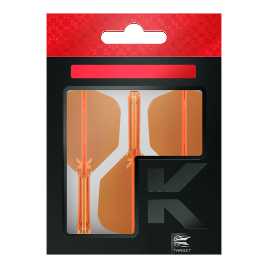System lotu Target K-Flex No6 – neonowopomarańczowy Die Verpackung zeigt drei neonorange Dart-Flights der Marke Target. Das Design ist modern mit einem schwarz-roten Hintergrund und einem großen "K" auf der Vorderseite.