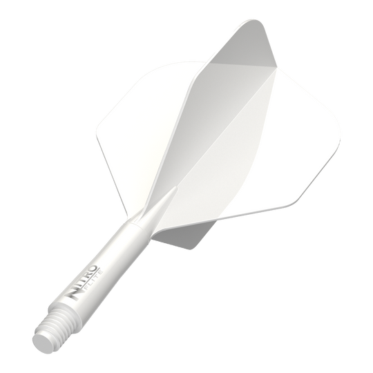 Dieses Bild zeigt einen weißen Dart-Schaft mit weißen Flights der Größe Short, basierend auf dem Dateinamen. Das Produkt ist ca. 19,5 mm lang.