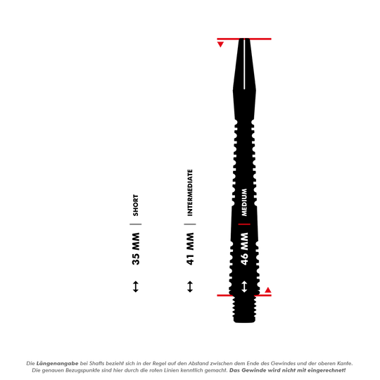 Das Bild zeigt drei verschiedene Längen von Dartschäften: 35 mm (kurz), 41 mm (mittel) und 46 mm (lang). Die Längenangabe bezieht sich auf den Abstand zwischen dem Ende des Gewindes und der oberen Kante, wobei das Gewinde nicht mit eingerechnet wird.