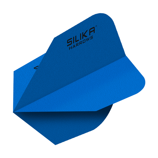 Powłoka krystaliczna Harrows Silica Solid Tough Blue No6 Flights Das Bild zeigt blaue Dartflights mit der Aufschrift "Silika Harrows". Die Flights haben eine feste, kristalline Beschichtung und sind in der Form No6 gestaltet.