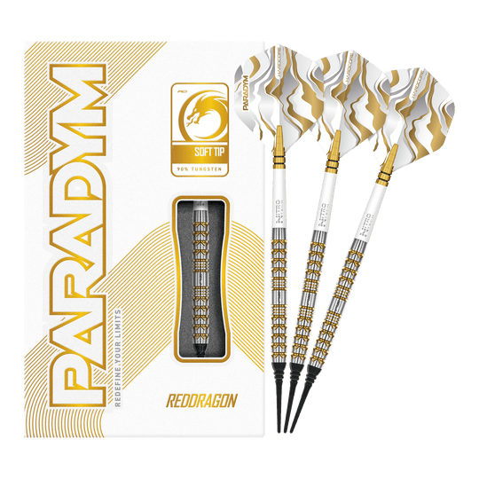 Red Dragon Paradym Gold Parallel Softdarts - 20g Das Bild zeigt die Red Dragon Paradym Gold Parallel Softdarts - 20g in voller Länge. Die goldfarbenen Darts wirken hochwertig und professionell.