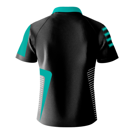 Koszulka Bulls Team Dart - Mięta Das Bild zeigt das "Bulls Team Dartshirt - Mint" von hinten. Das Shirt ist überwiegend schwarz mit mintfarbenen und weißen Akzenten.