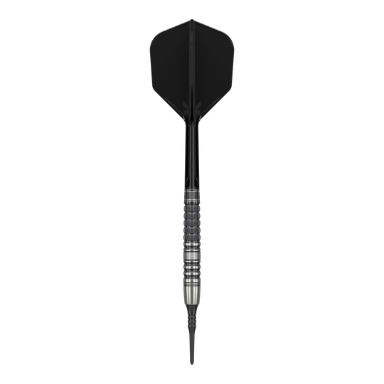 Das Bild zeigt einen Softdart mit schwarzer Spitze, schwarzem Shaft und Flight sowie einem silbernen, strukturierten Barrel. Es handelt sich um den "Target Japan Black Marque Lumiere GEN3 Softdarts - 18,5g".