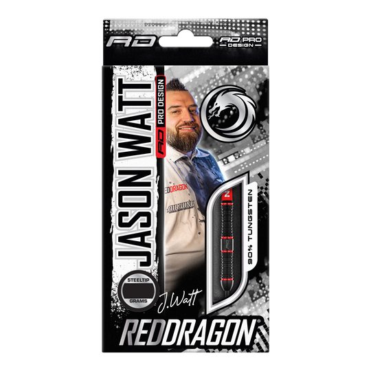 Rzutki stalowe Red Dragon Jason Watt - 22g Die Abbildung zeigt die Verpackung der "Red Dragon Jason Watt Steeldarts - 22g". Auf der Vorderseite sind ein Bild von Jason Watt, der Dartpfeil und das Red Dragon-Logo zu sehen.