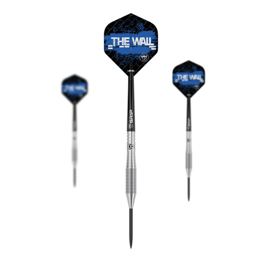 Auf dem Bild sind drei Steeldarts des Modells "Bulls Martin Schindler TW80" zu sehen. Die Flights sind schwarz-blau und tragen den Schriftzug "THE WALL".