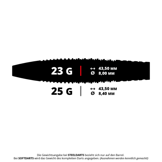 Stalowe lotki Target Scott Williams GEN2 Swiss Point Das Bild zeigt die Spezifikationen zweier Steeldart-Varianten mit 23 Gramm und 25 Gramm. Die Maße sind jeweils 43,50 mm Länge und 8,00 mm bzw. 8,40 mm Durchmesser.