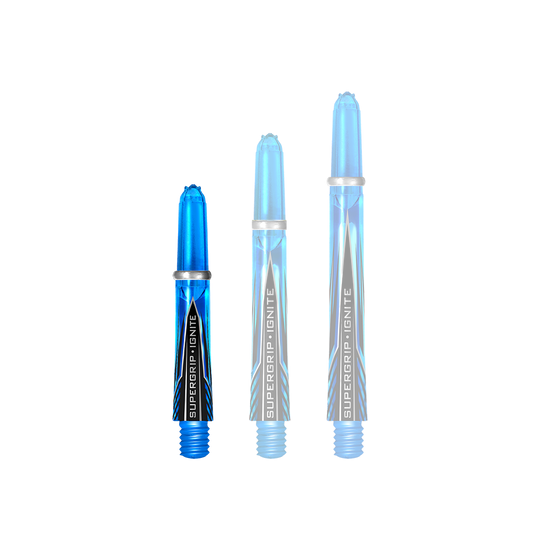 Das Bild zeigt drei Harrows Supergrip Ignite Shafts in der Farbe Aqua. Die Shafts sind unterschiedlich lang und haben ein modernes, blaues Design.