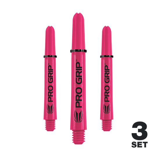 Uchwyty Target Pro Grip - 3 zestawy - różowe Das Bild zeigt drei pinke Pro Grip Shafts für Darts. Unten rechts steht "3 Set" geschrieben.