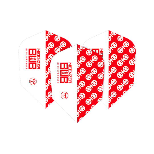 Bulls X-Powerflite Niko Springer XXL B-Standard Flights Das Bild zeigt drei Dart-Flights des Modells "Bulls X-Powerflite Niko Springer XXL B-Standard Flights". Die Flights sind rot-weiß gestaltet und mit einem auffälligen Muster sowie dem Schriftzug "MEENZER NIKO SPRINGER" bedruckt.