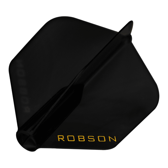Loty Robson Plus — standardowe Das Bild zeigt einen schwarzen Dart-Flügel mit der Aufschrift "ROBSON" in gelber Farbe. Der Flügel hat eine standardmäßige, fünfeckige Form.