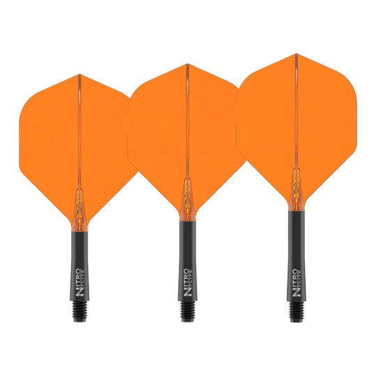 Dies ist das Produkt Red Dragon Nitroflite Black Shaft Orange Flights No2. Es wird ein Dart-Schaft mit orangefarbenen Flights gezeigt.