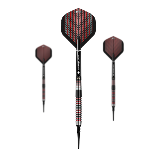 Auf dem Bild sind drei Softdarts des Modells "Mission Red Dawn Model 1" mit einem Gewicht von 19 Gramm zu sehen. Die Darts haben rote und schwarze Akzente sowie eine auffällige Flight-Gestaltung.