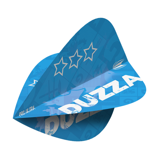 TG8_335680_Target_ProUltra_Glen_Durrant_Kite_Flights_2 Das Bild zeigt ein blauen Dartflight mit dem Schriftzug „DUZZA“. Auf dem Flight sind außerdem drei Sterne und weitere grafische Elemente zu sehen.