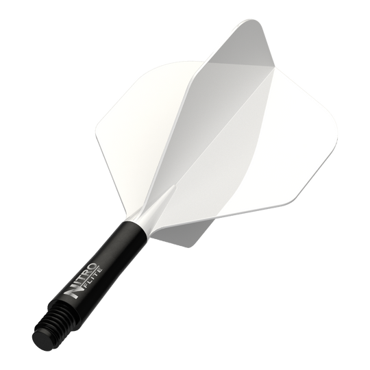 Dies ist das Produkt Red Dragon Nitro Flite Solid White and Black Short. Es zeigt einen weißen Flight mit schwarzem Schaft in kurzer Länge.