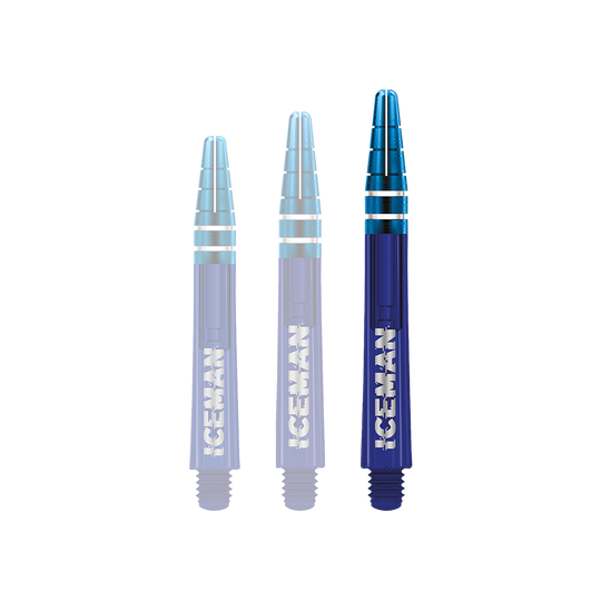 Das Bild zeigt drei blaue Dartschäfte mit silbernen Akzenten. Auf den Schäften steht in weißen Buchstaben das Wort "ICEMAN".