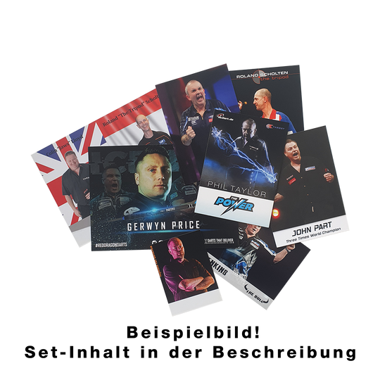 Zestaw kart gracza z autografem Das Bild zeigt ein Set von Spielerkarten mit bekannten Dartspielern. Auf den Karten sind Fotos und Namen der Spieler abgebildet.