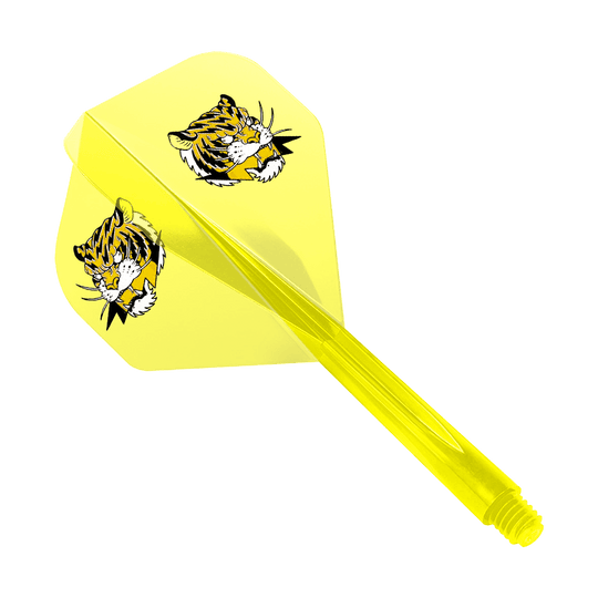 Condor AX Inazuma Tiger Mix Flight System Żółty Przezroczysty - Standard Das Bild zeigt einen gelben Dart-Flight mit zwei Tigerköpfen als Motiv. Das Produkt ist das "Condor AXE Inazuma Tiger Mix Flight-System Yellow Clear - Standard".