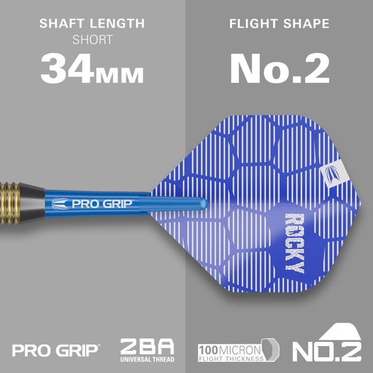 Lotki Target Josh Rock Brass Steel Darts - 22g Das Bild zeigt einen Target Josh Rock Brass Steeldart mit einem blauen PRO GRIP Schaft. Der Schaft ist 34 mm lang und das Flight hat die Form No.2.