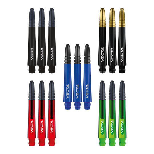 Das Foto zeigt die Winmau Vecta Shaft Collection. Die Sammlung umfasst verschiedene Dartschäfte.