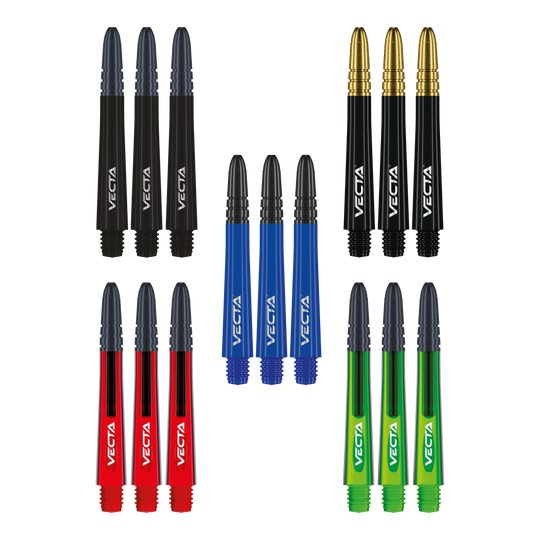 Kolekcja wałów Winmau Vecta Das Foto zeigt die Winmau Vecta Shaft Collection. Die Sammlung umfasst verschiedene Dartschäfte.
