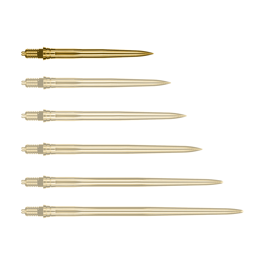 Auf dem Bild ist eine einzelne goldene Dartspitze zu sehen, vermutlich 28mm lang. Es handelt sich um eine Caliburn EZ-EVO Dartspitze der Variante Smooth.