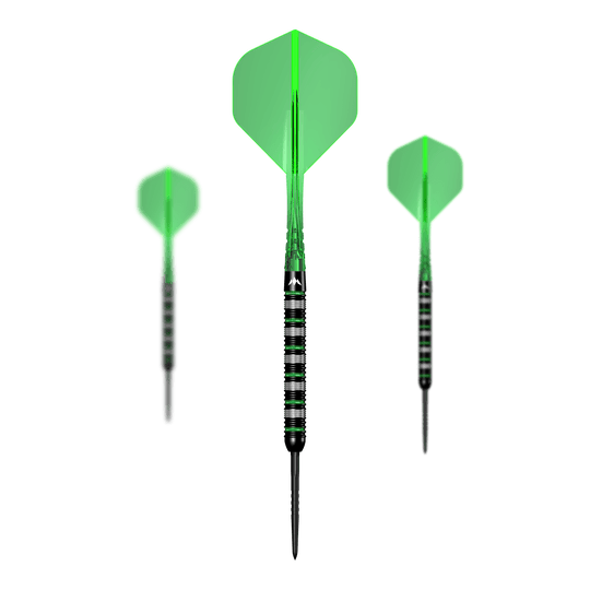 Lotki Mission Moldavite Steel - 23g Auf diesem Bild ist ein Set der Mission Moldavite Steeldarts - 23g zu sehen. Das Set besteht aus mehreren Dartpfeilen.