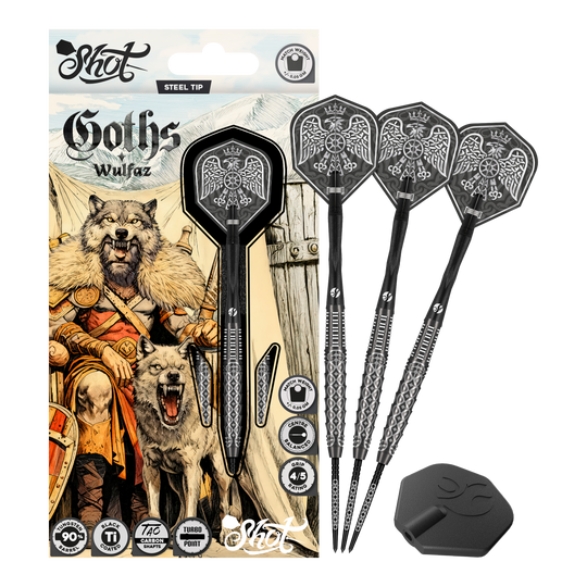 Lotki stalowe Shot Goths Wulfaz Turbo Point - 23g Auf diesem Bild sieht man die Shot Goths Wulfaz Turbo Point Steeldarts - 23g in voller Ansicht. Das Design ist auffällig und für Dart-Fans interessant.