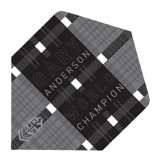 68869-Unicorn-UltraFly-Player-Std-Gary-Anderson-Black Das Bild zeigt ein Dartflight mit schwarzem Karomuster und weißen Akzenten. Auf dem Flight stehen die Wörter "Gary Anderson World Champion".