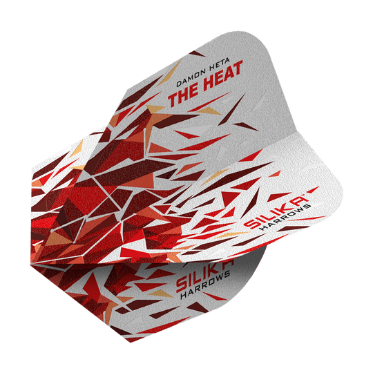 Harrows Silika Damon Heta 2 Solidna, wytrzymała powłoka krystaliczna nr 6 Dies ist ein Harrows Silika Damon Heta 2 Solid Tough Crystalline Coating No6 Flight. Das Flight-Design zeigt ein auffälliges Muster in Rot-, Weiß- und Goldtönen mit den Aufschriften "THE HEAT" und "SILIKA".