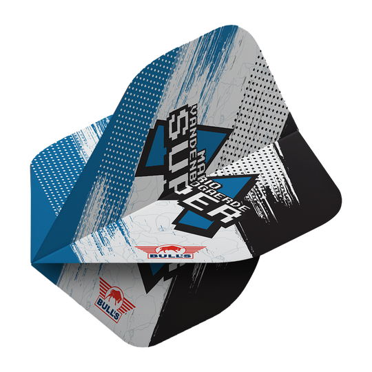 Das Bild zeigt die Bulls NL Player 100 Mario Vandenbogaerde 90 Standard Flights. Die Flights haben ein modernes Design in Blau, Schwarz und Weiß mit dem Bulls-Logo und Schriftzug.