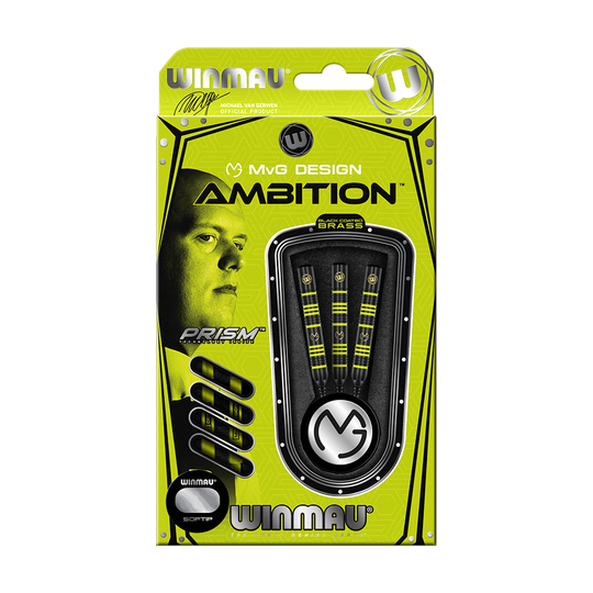 Die Abbildung zeigt das Produkt "Winmau Michael Van Gerwen MvG Ambition Softdarts - 20 g" in einer gelben Verpackung. In der Packung sind drei Softdarts zu sehen, daneben ist ein Porträt von Michael Van Gerwen abgedruckt.