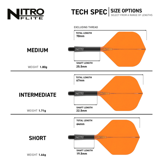 Hier sieht man den Red Dragon Nitroflite Black Shaft Orange Flights No2. Die Kombination aus schwarzem Schaft und orangen Flights ist deutlich zu erkennen.